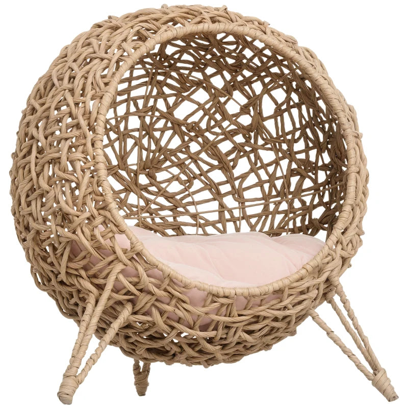 Rattan Cat House with Cushion, Elevated Wicker Kitten Bed for Indoor Cats, Natural Wood