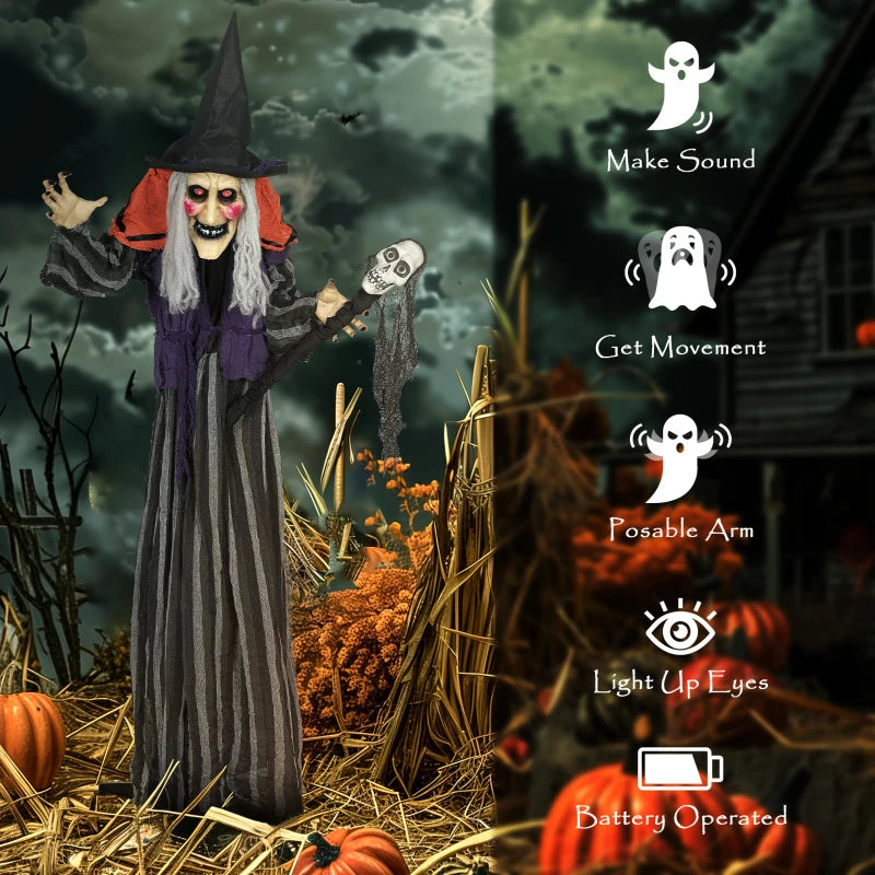 Outsunny Animatronic Standing Witch – Voice-Activated Halloween Prop with Skull Staff & Flashing Eyes 