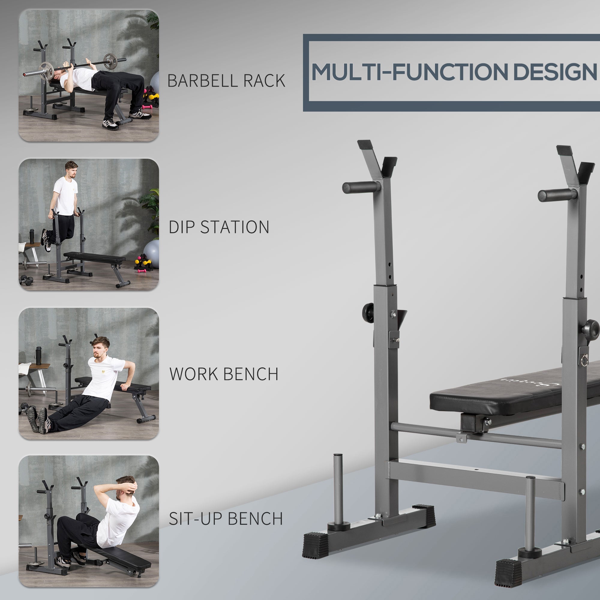 Soozier Adjustable Weight Bench Foldable Bench Press Barbell Rack Dip Station Home Gym Strength Training Workout 