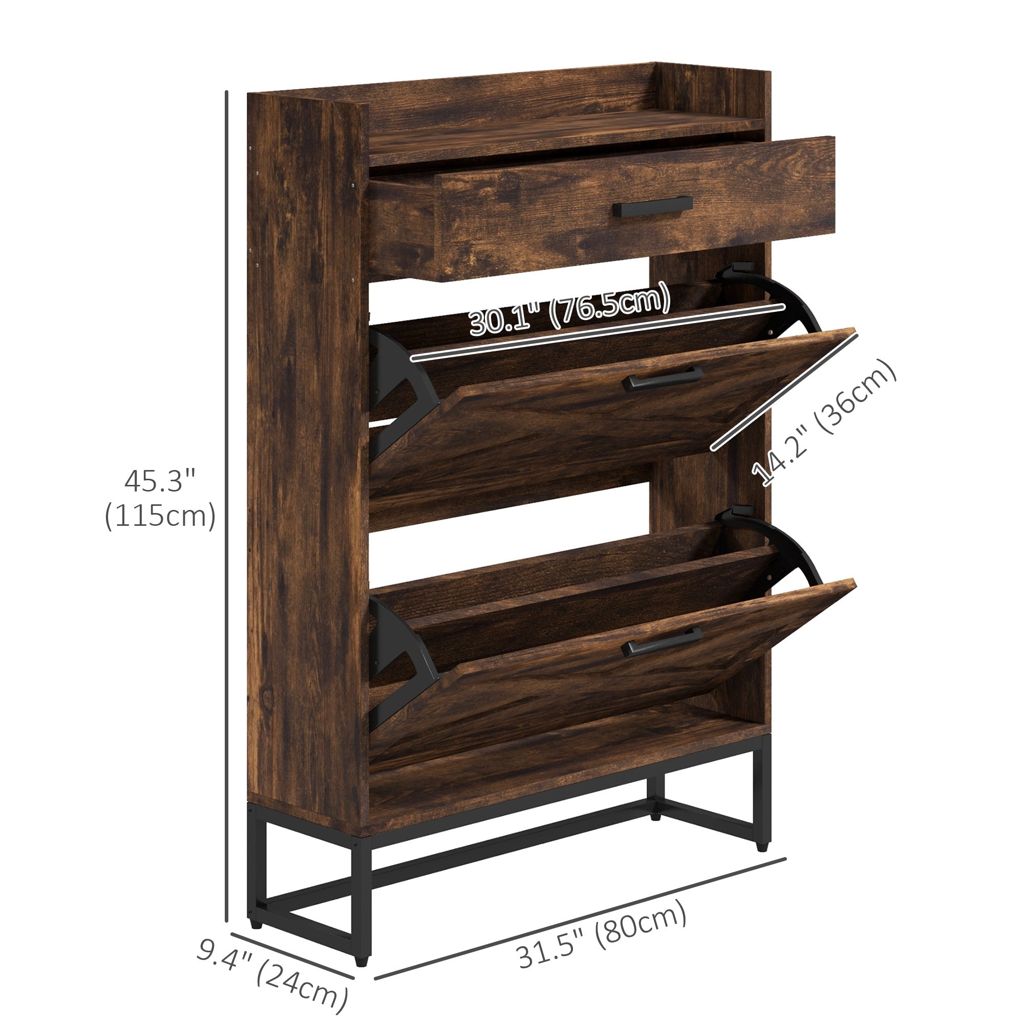 HOMCOM Narrow Shoe Cabinet Organizer: 2 Flip Drawers, Adjustable Shelves for 12 Pairs, Rustic Brown 