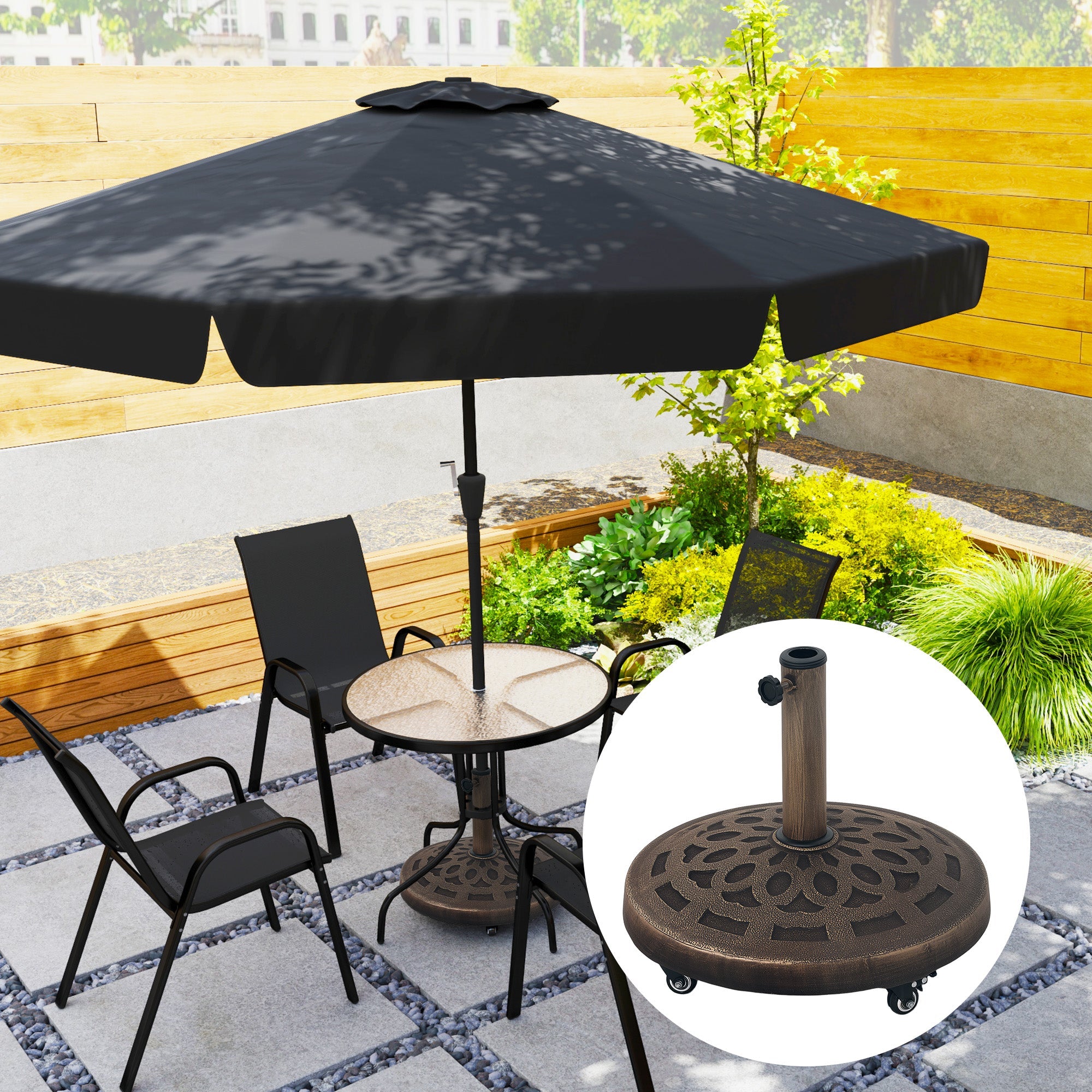 Outsunny Round Patio Umbrella Base with Wheels, 46lbs Resin Umbrella Stand Base, Heavy Duty Patio Umbrella Holder for 1.3"/1.5"/1.9" Poles for Outdoor, Lawn, Poolside, Bronze 
