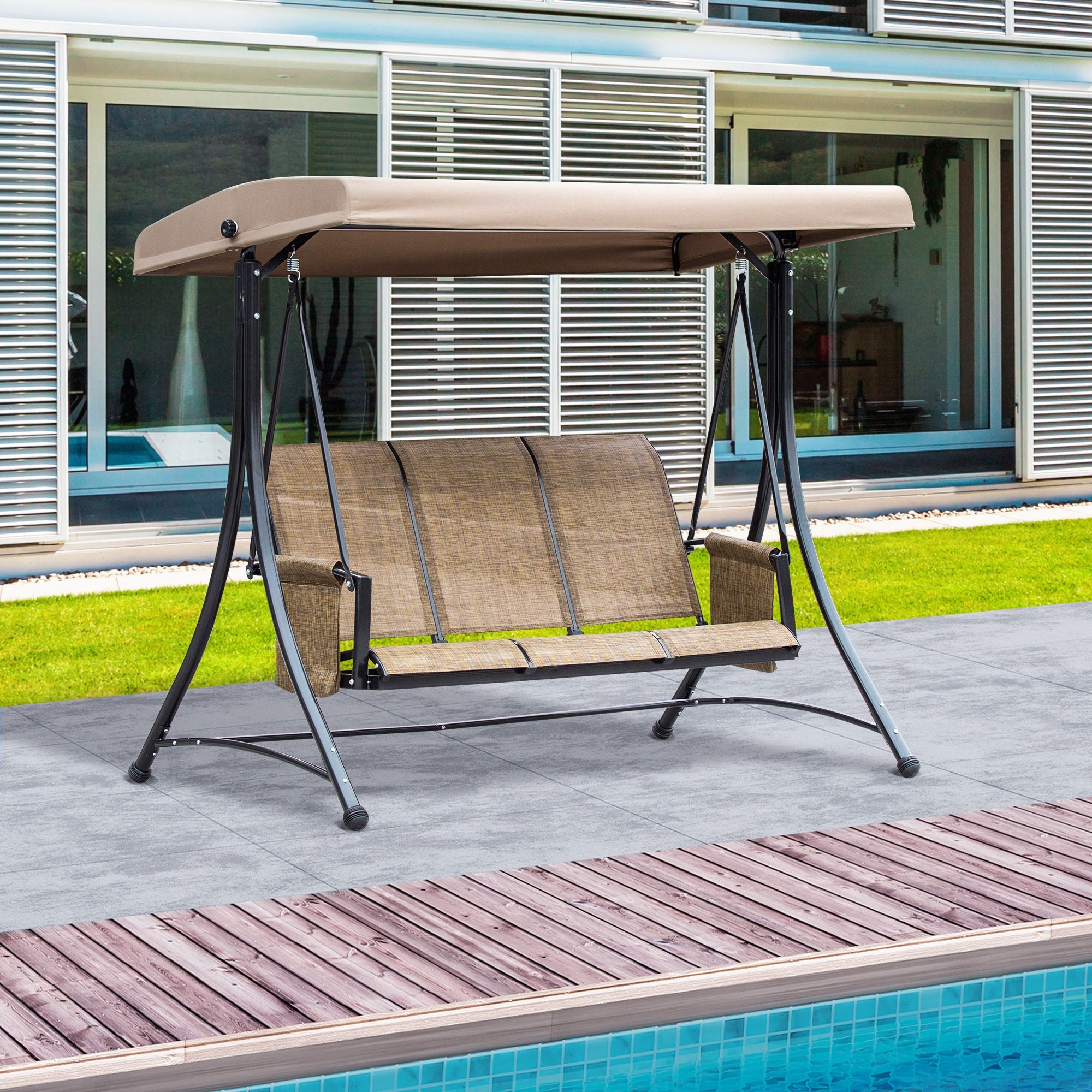 Outsunny 3 Person Porch Swing Outdoor Swing Chair with High Back Design, Side Pouches and Adjustable Canopy, Brown 