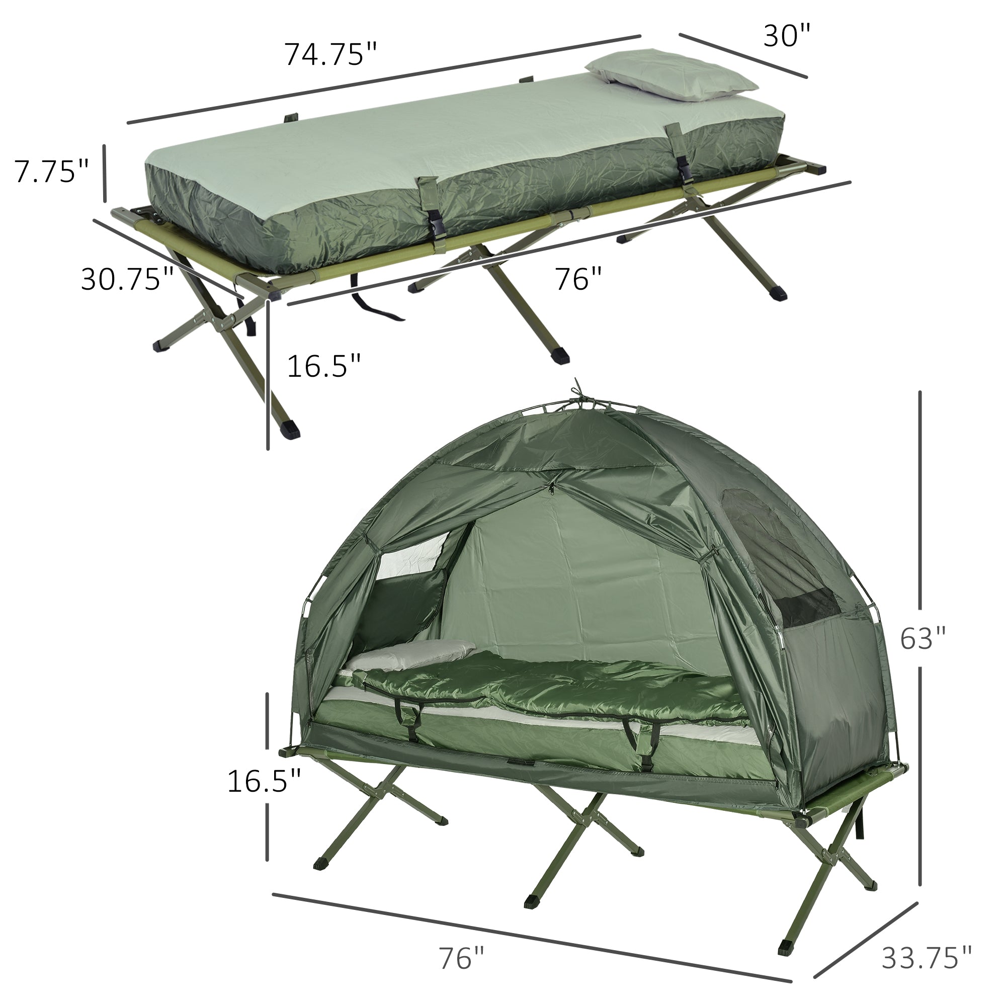 Outsunny Hiking Tent Camping Bed Cot Combo Portable w/ Sleep Bag Mattress 