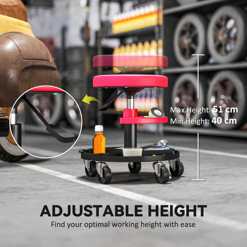 Rolling Garage Stool, 300 LBS Capacity Mechanic Stool with 2.5" Wheels, Tool Trays Storage, Adjustable Height, Red