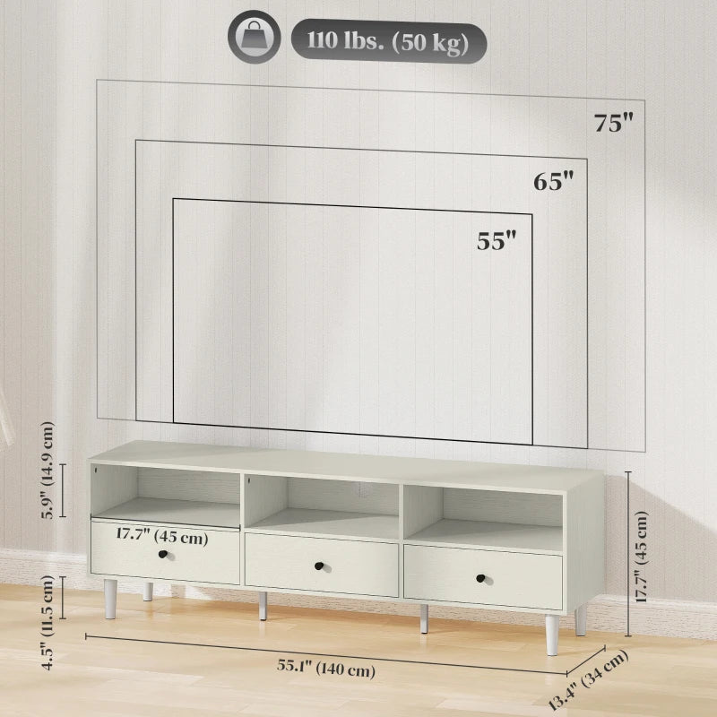 TV Stand for up to 75 Inches, TV Table with 3 Storage Shelves, 3 Drawers for Living Room, Bedroom, Cream White