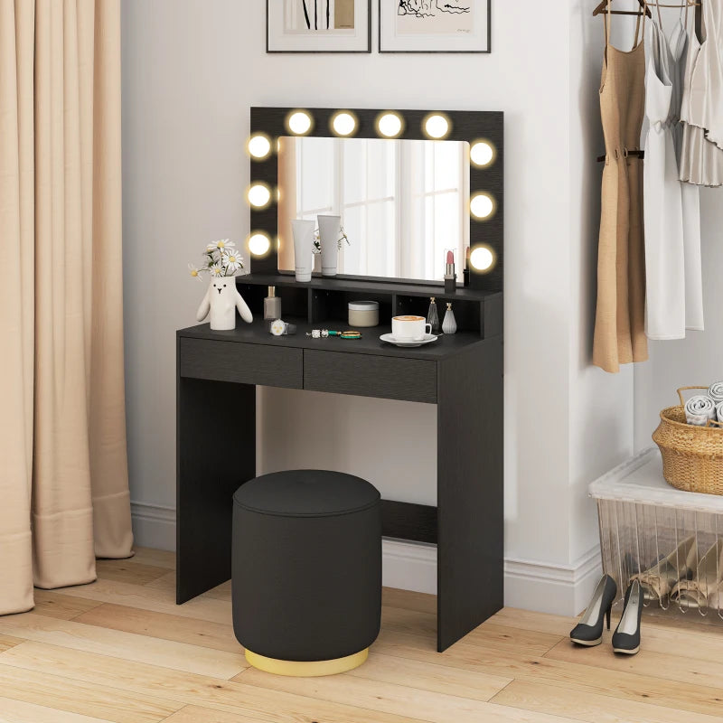 Vanity Table, Makeup Dressing Table with LED Lighting Mirror, Charging Station and Drawers for Bedroom, Black