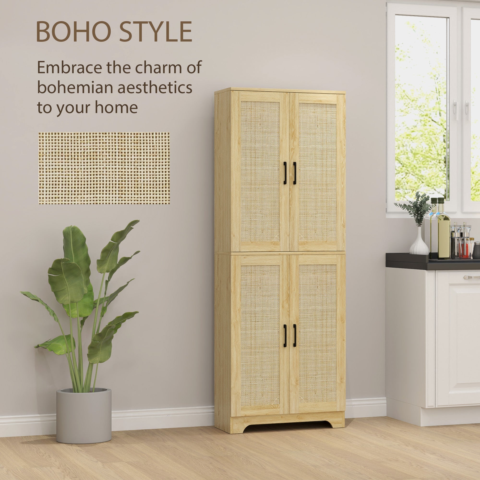 HOMCOM 67" Tall Kitchen Pantry, Freestanding Kitchen Storage Cabinet with 4 Rattan Doors and Adjustable Shelves, Oak 