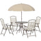 Outsunny 6PC Patio Dining Set Outdoor Furniture with Umbrella Round Table 4 Folding Chairs Cream-white