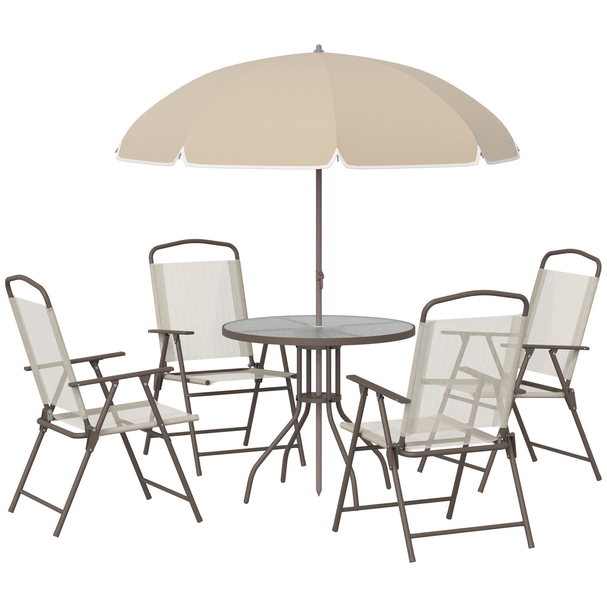Outsunny 6PC Patio Dining Set Outdoor Furniture with Umbrella Round Table 4 Folding Chairs Cream-white 