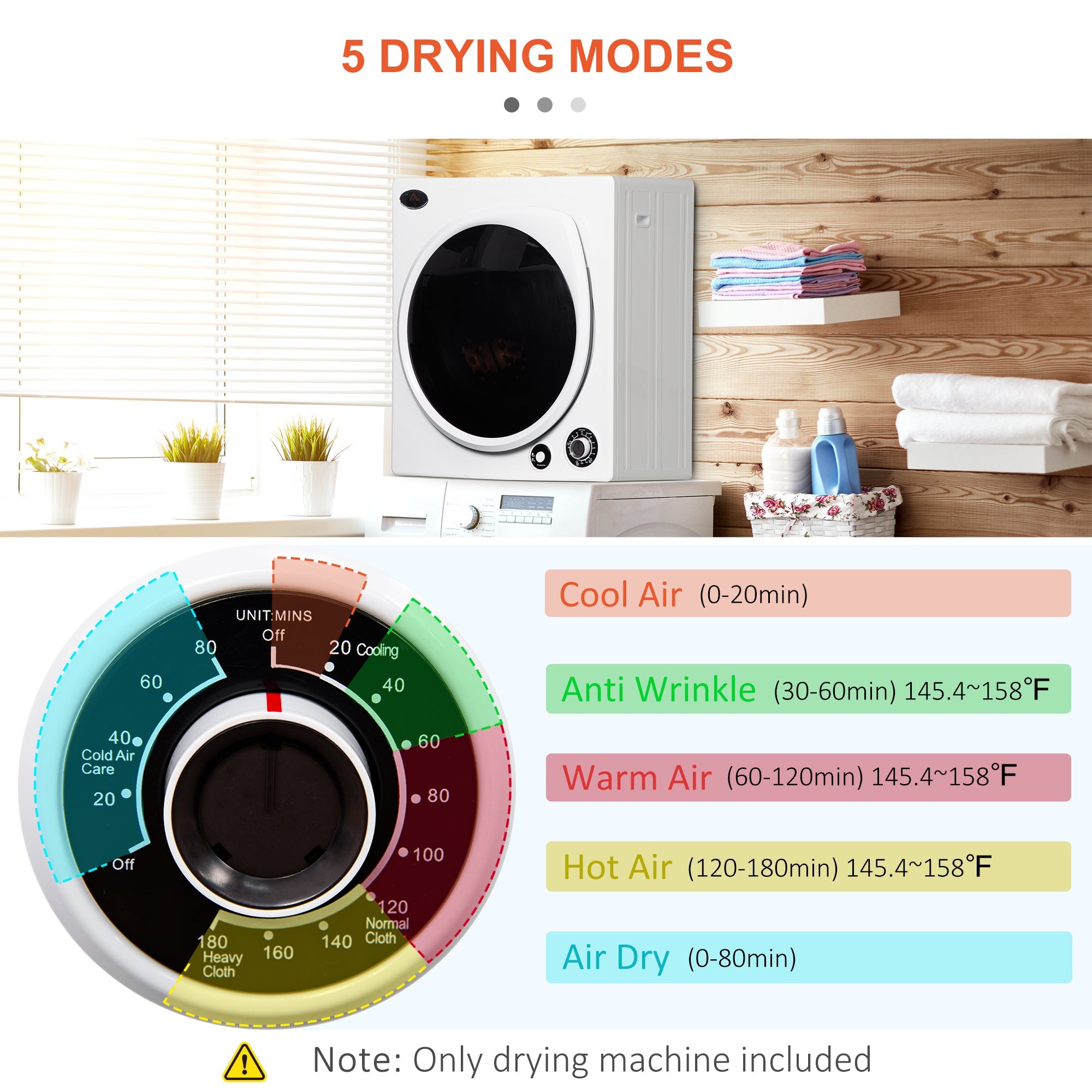 HOMCOM Compact Laundry Dryer, 1350W 13lbs Portable Dryer with 5 Drying Modes,Stainless Steel Tub for Apartment, Home, Dorm, White 