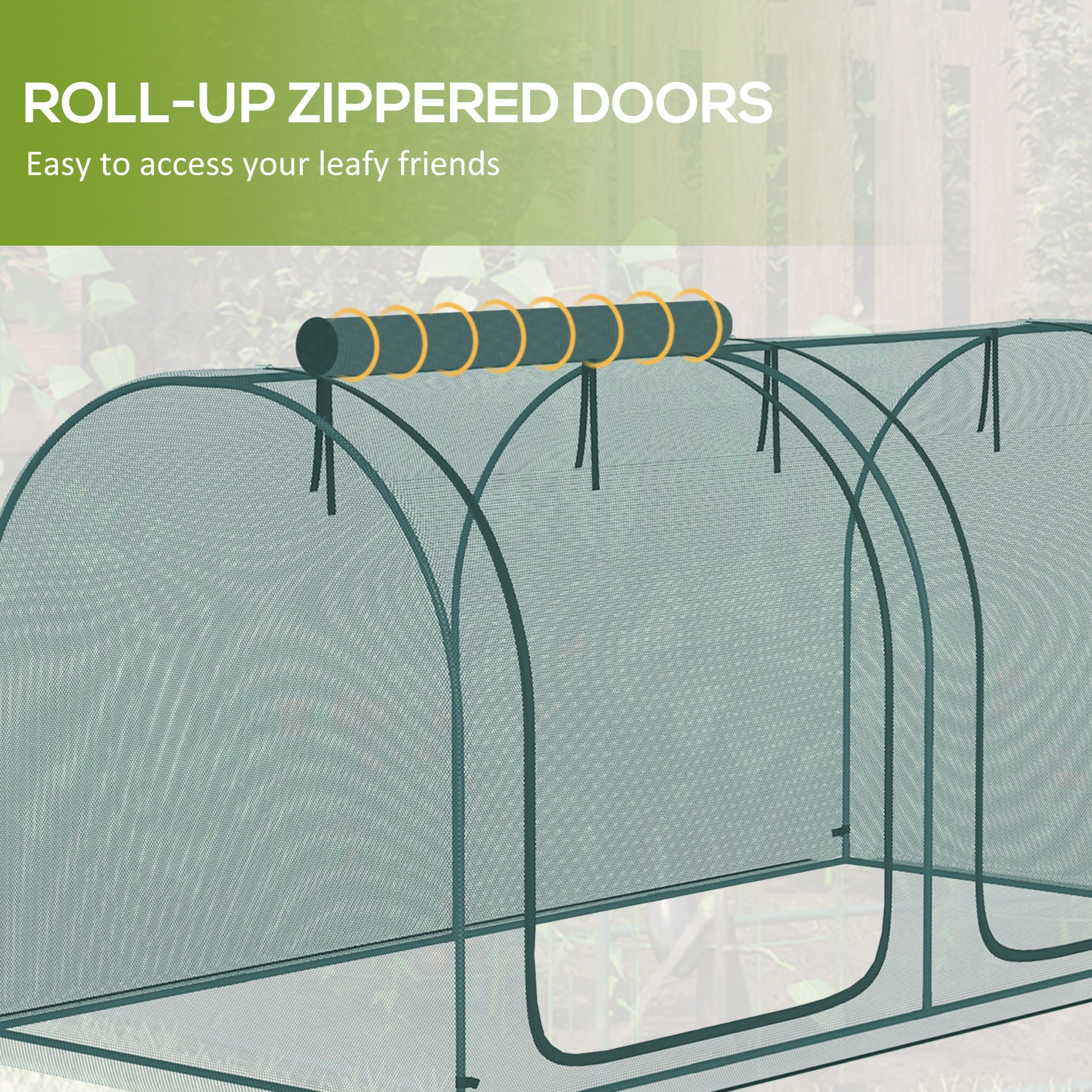 Outsunny 8' x 3' Crop Cage, Garden Plant Protector, with 3 Zippered Doors and 6 Ground Stakes, for Garden, Yard, Lawn Dark Green 