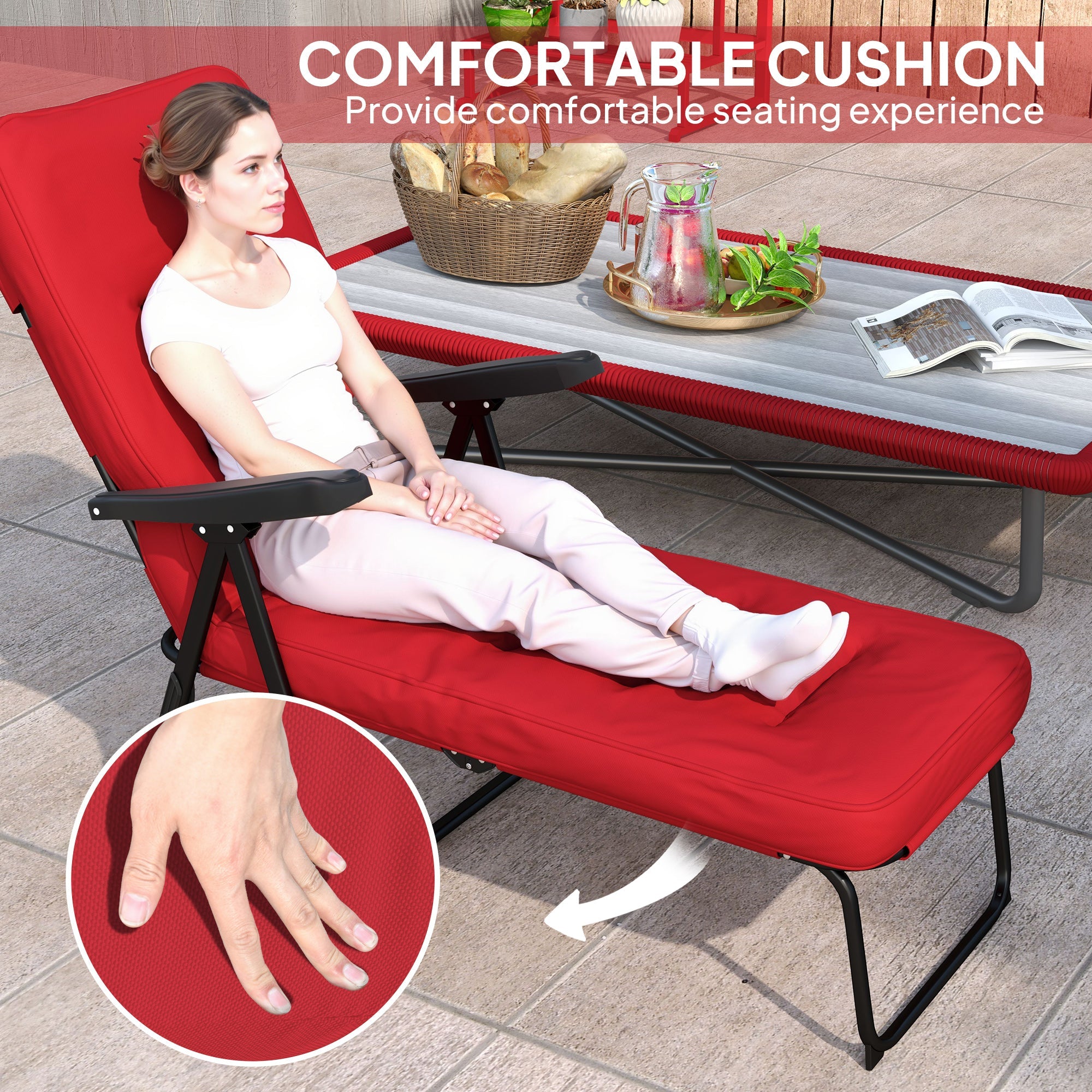 Outsunny Folding Outdoor Lounge Chair with Cushion, Adjustable Backrest, Reclining Patio Garden Chair with Footrest, Wine Red 