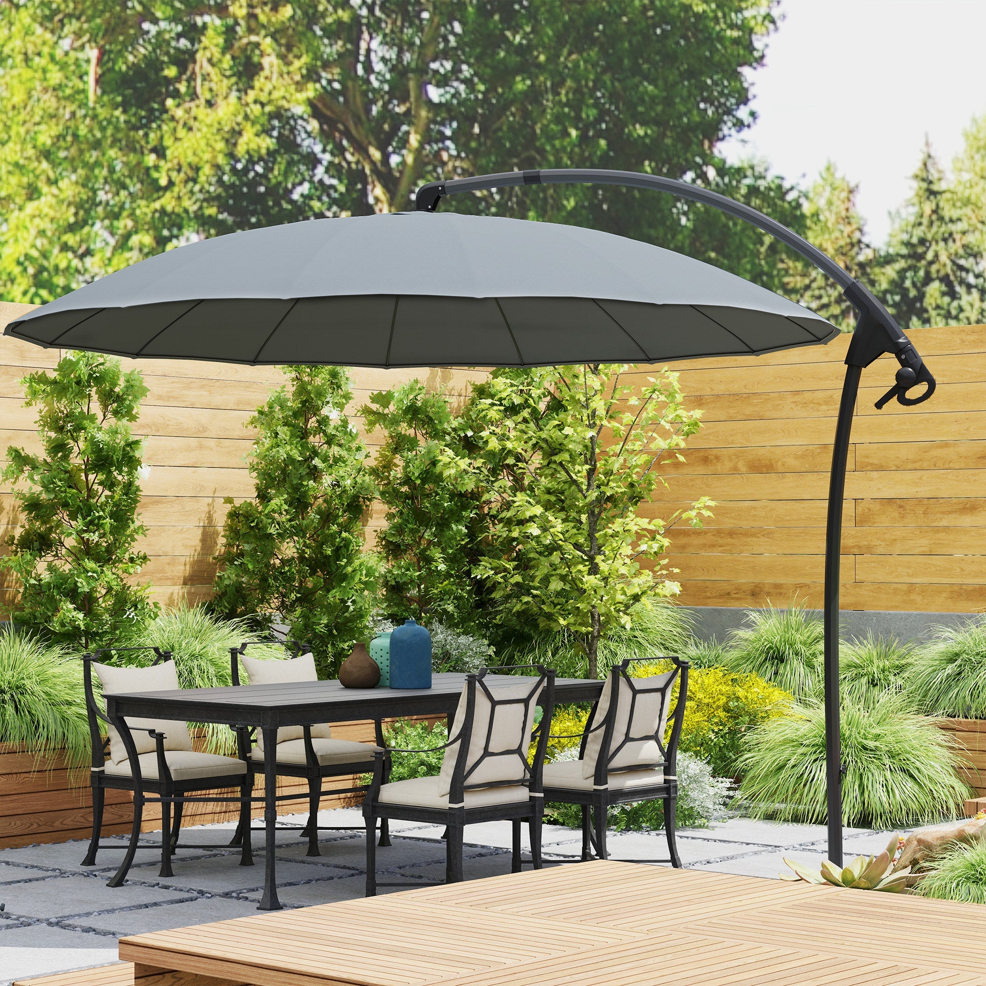 Outsunny 9FT Cantilever Umbrella with 16 Fibreglass Ribs, Offset Hanging Umbrella, Patio Umbrella with Crank and Cross Base, Grey 