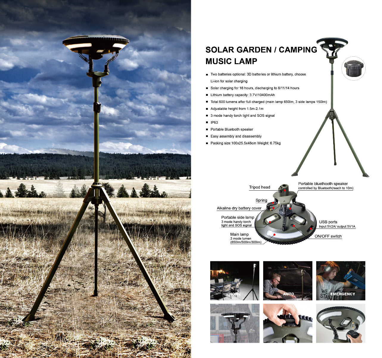 TRU De-LIGHT Singing Music Solar LED Light - Strong BT Speaker/Main Light+3 Detachable Multi Mode Lights/Tripod+Carry Bag 