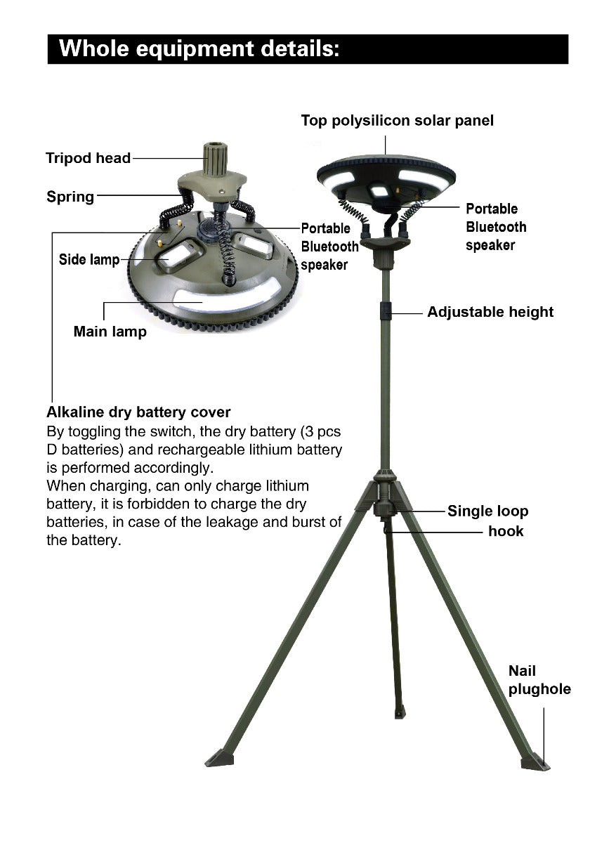 TRU De-LIGHT Singing Music Solar LED Light - Strong BT Speaker/Main Light+3 Detachable Multi Mode Lights/Tripod+Carry Bag 