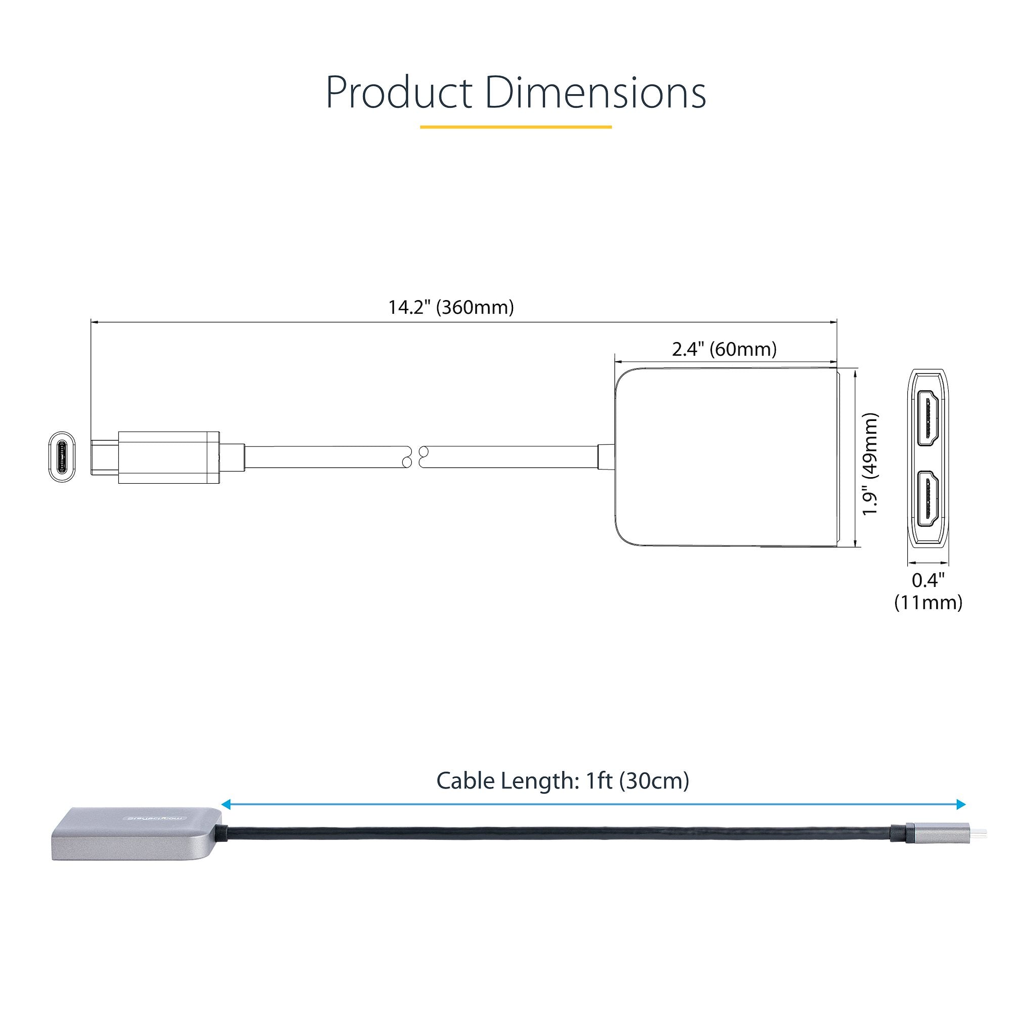 USB-C to Dual HDMI Adapter, USB Type-C Multi-Monitor MST Hub, Dual 4K 60Hz HDMI Laptop Display Extender / Splitter, HDR, Extra-Long Built-In Cable - Windows Only 