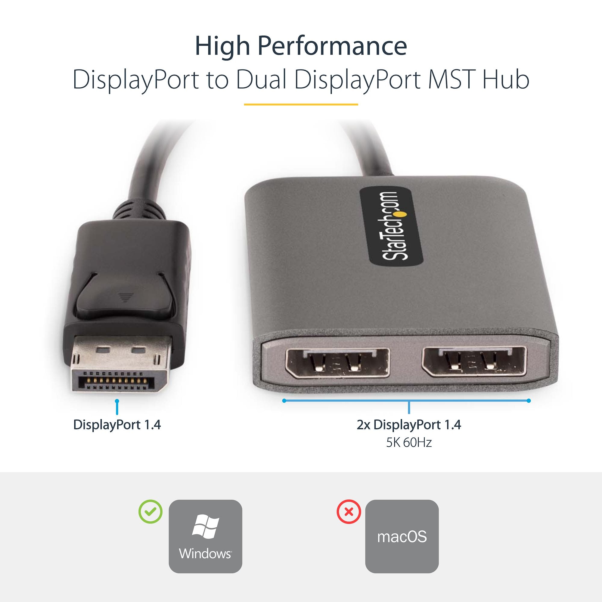Dual-Monitor DisplayPort 1.4 Splitter, DisplayPort to 2x DP Multi-Monitor Adapter, Dual 5K 60Hz Computer MST Hub, Extra-Long Built-in Cable - Windows Only 