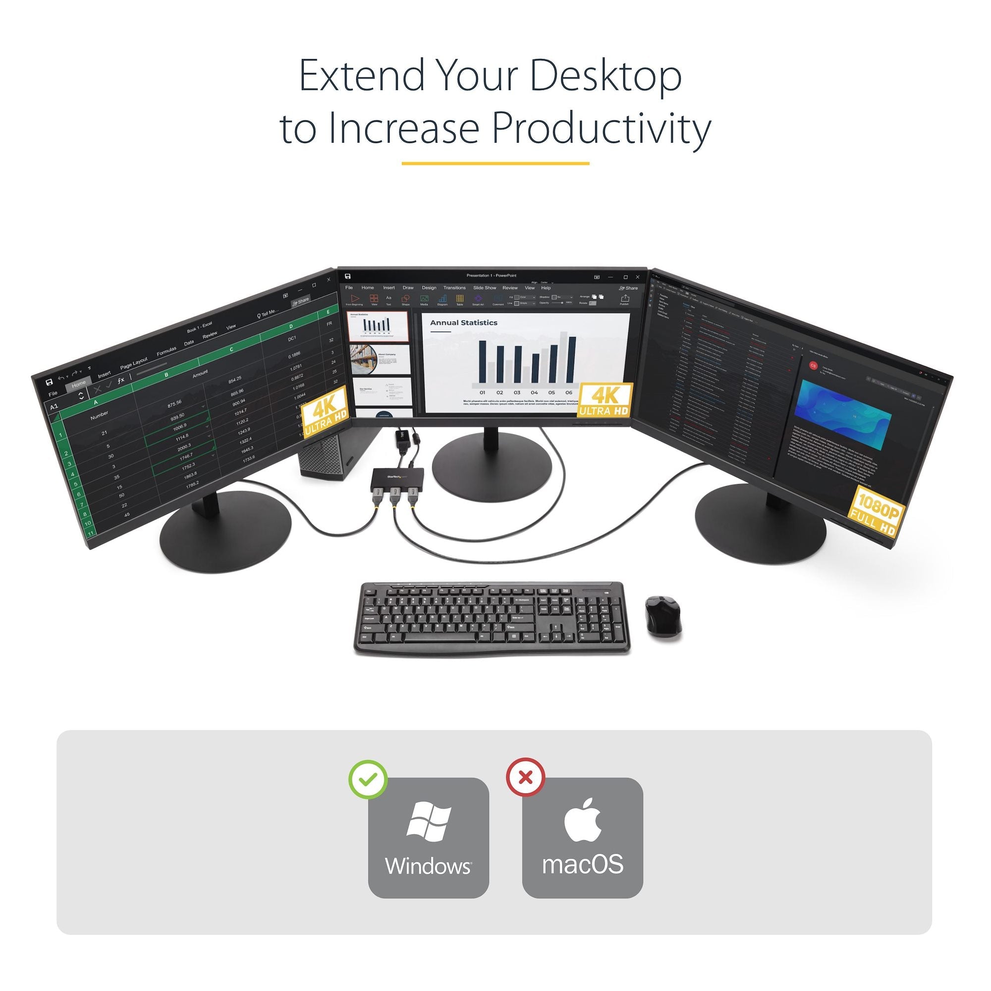 3-Port DisplayPort 1.2 Splitter, DisplayPort to 3x DP Multi-Monitor Adapter, Dual 4K 30Hz and 1080p 60Hz Computer MST Hub - Windows Only 