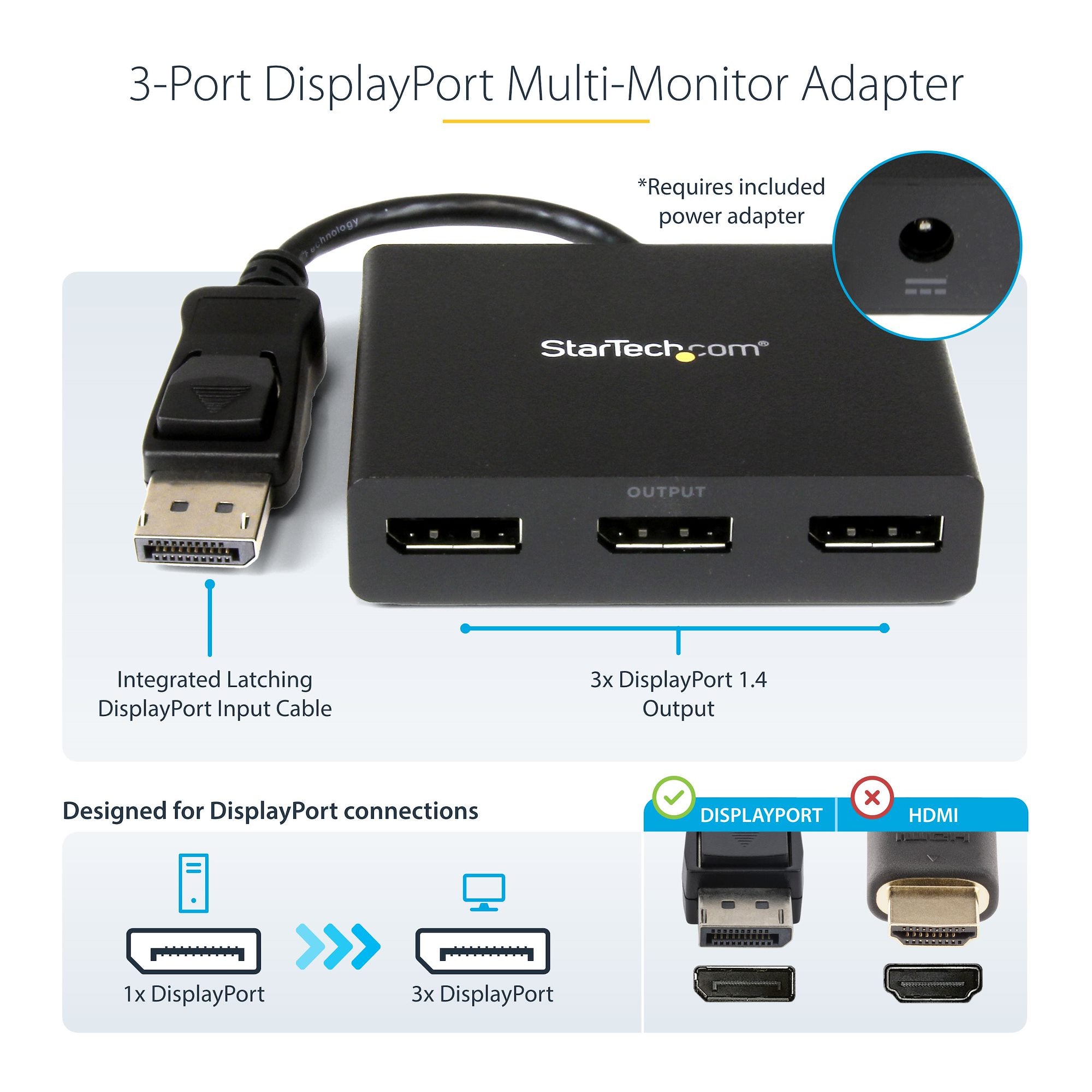 3-Port DisplayPort 1.2 Splitter, DisplayPort to 3x DP Multi-Monitor Adapter, Dual 4K 30Hz and 1080p 60Hz Computer MST Hub - Windows Only 