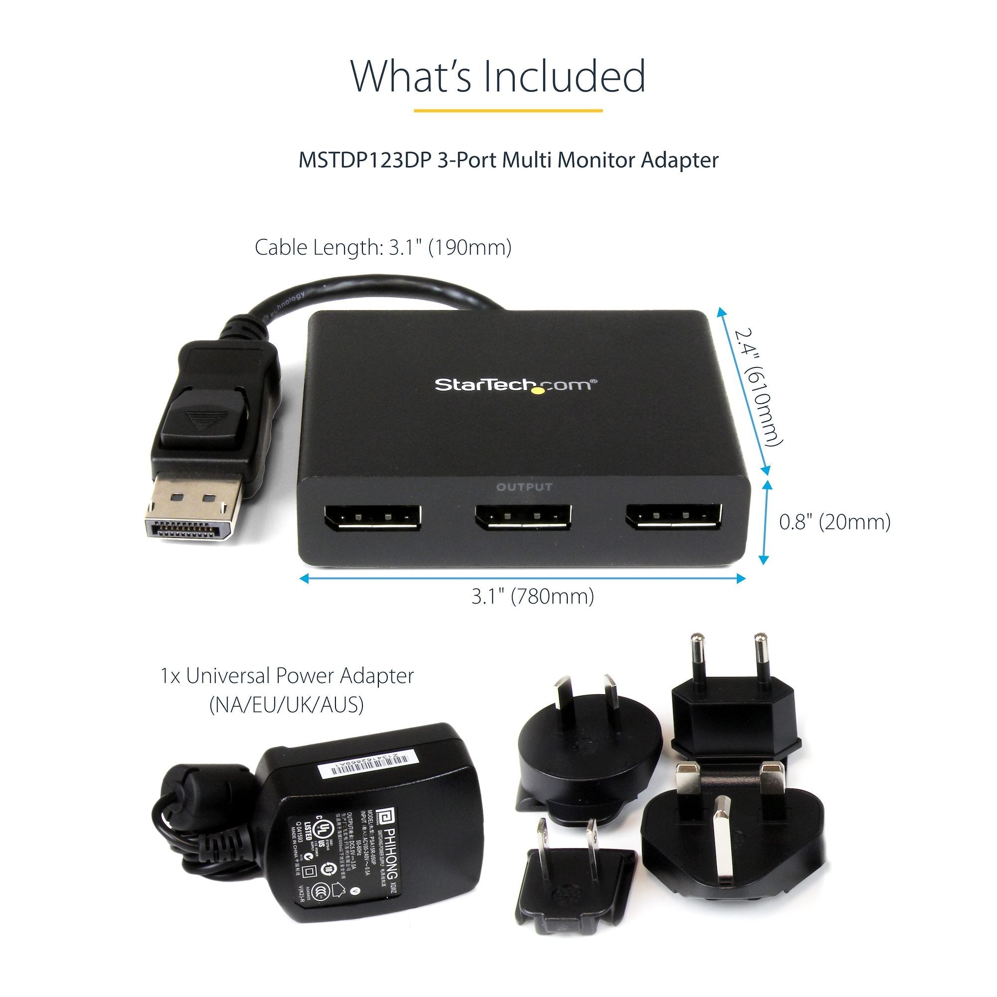 3-Port DisplayPort 1.2 Splitter, DisplayPort to 3x DP Multi-Monitor Adapter, Dual 4K 30Hz and 1080p 60Hz Computer MST Hub - Windows Only 
