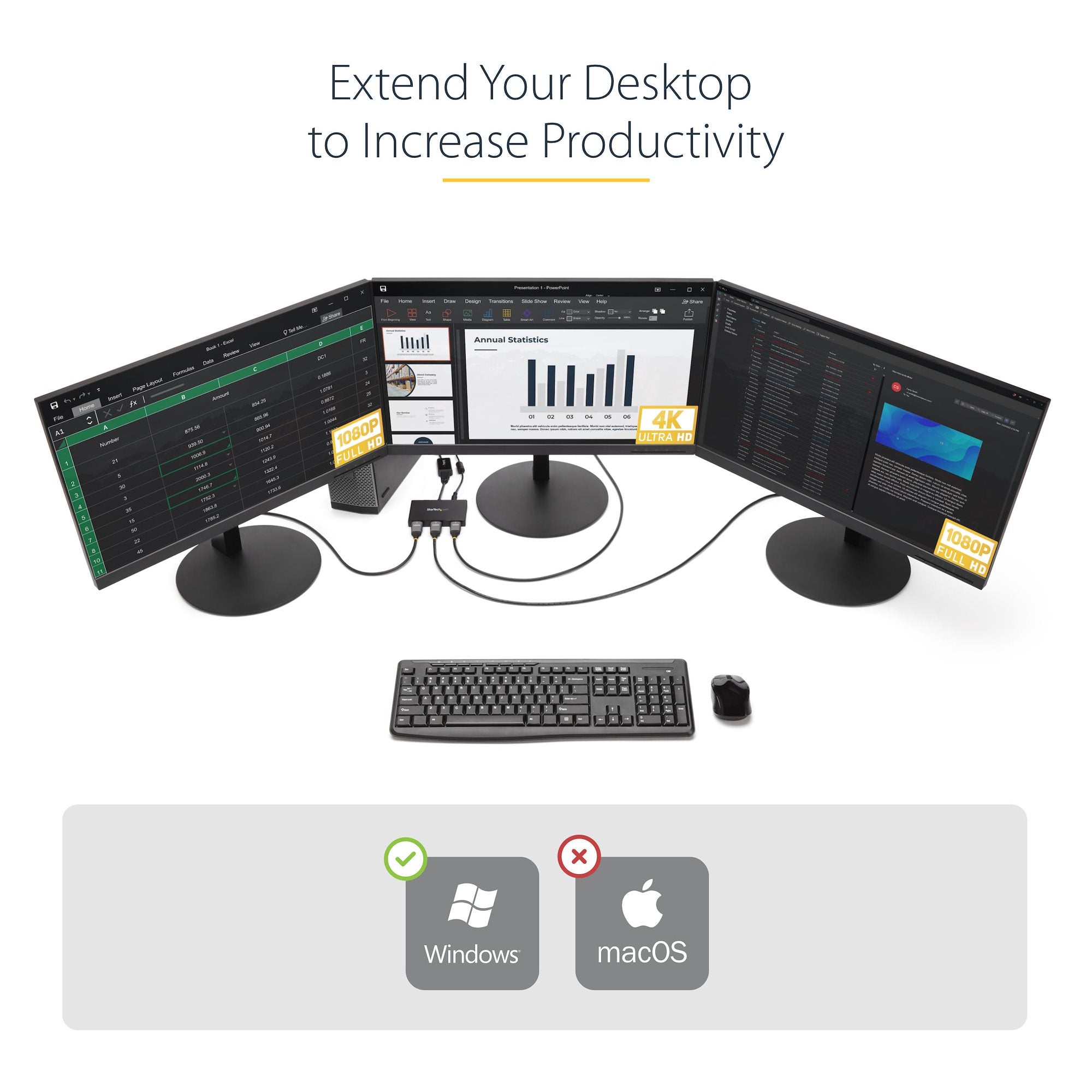 3-Port Multi Monitor Adapter - DisplayPort 1.2 to 3x HDMI MST Hub - Triple 1080p HDMI Monitors - Video Splitter for Extended Desktop Mode on Windows PCs Only - DP to 3x HDMI 