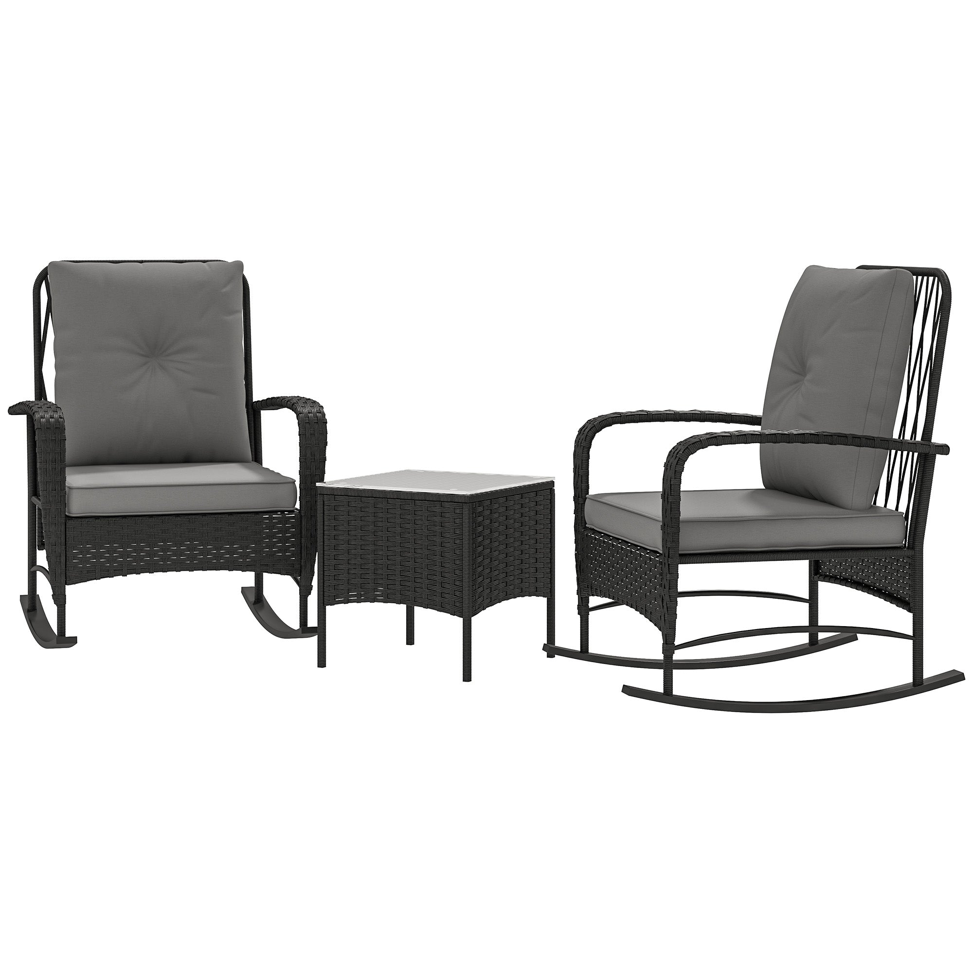 Outsunny 3 Pieces Rattan Bistro Set, Wicker Patio Furniture with Rocking Chairs, Thick Cushions for Porch Balcony, Grey 