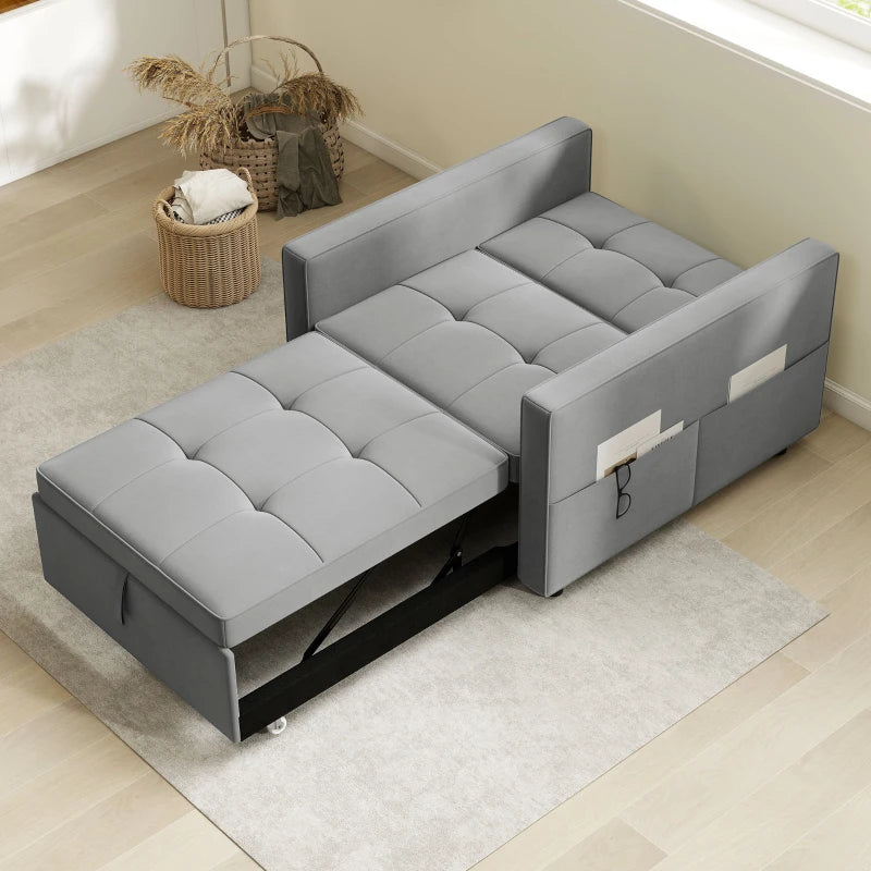 Convertible Chair Bed, Pull Out Sleeper Chair with USB, Adjustable Backrest, Small Velvet Futon Sofa Bed, Grey