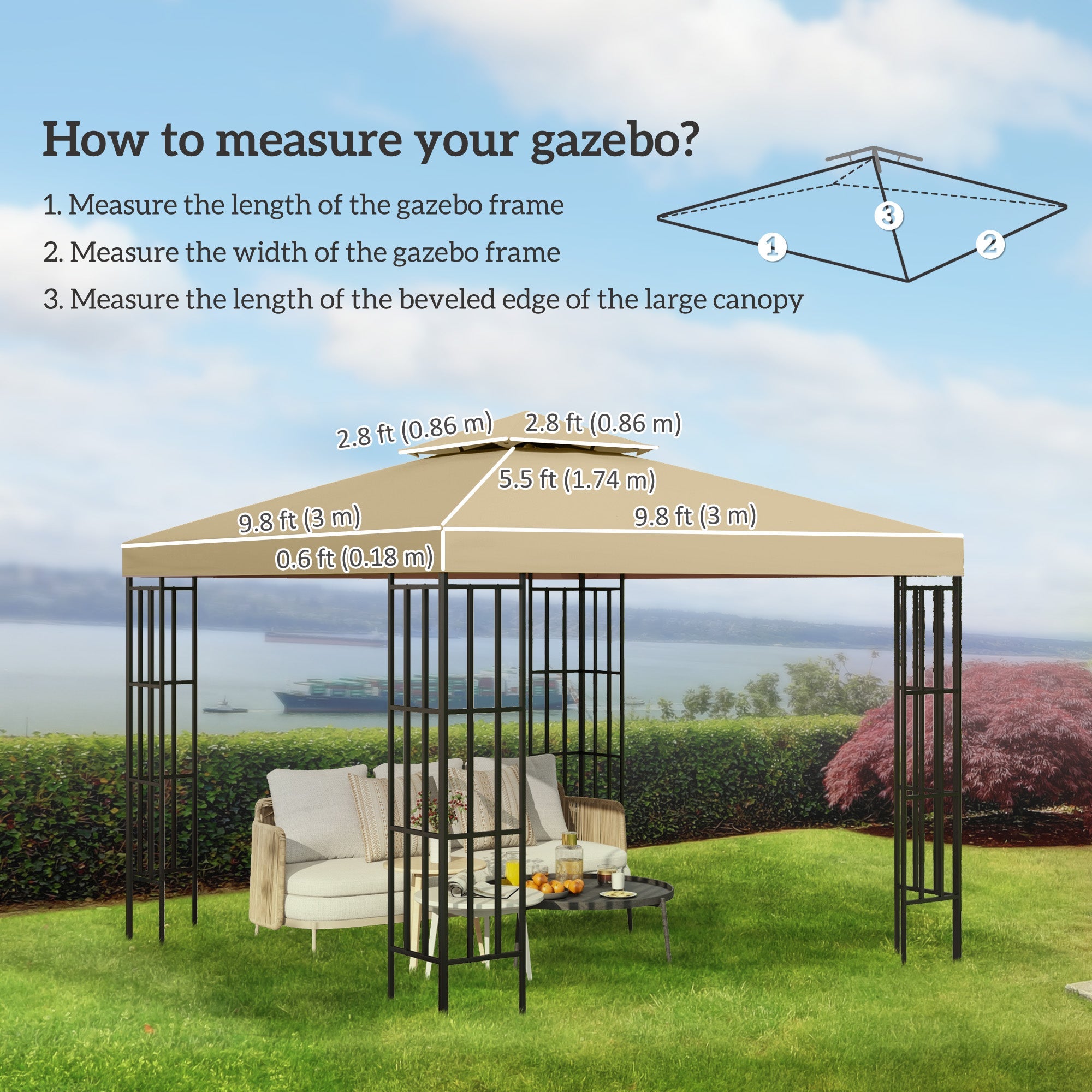 Outsunny Beige 9.8' Square 2-Tier Gazebo Replacement Canopy - Elegant Outdoor Garden Sun Shelter Top Cover 