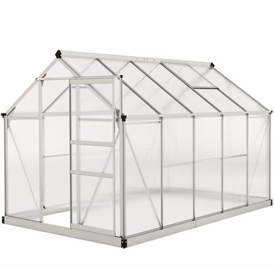 Outsunny 6' x 10' x 6.6' Polycarbonate Greenhouse, Walk-In Green House Kit Garden, Plants Grow, Galvanized Sheet Aluminum Frame with Rain Gutter, Vents and Sliding Door, Sliver 