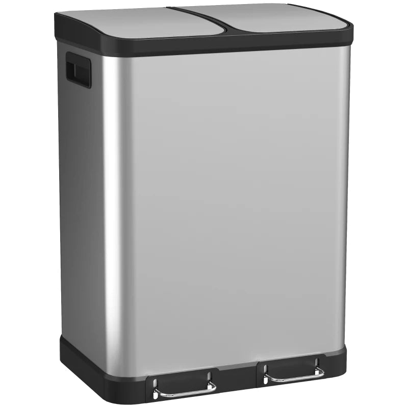 Kitchen Garbage Bin, 2 x 7.9 Gal (2 x 30 L) Trash Can, Soft-Close Garbage Can with Removable Inner Buckets, Silver