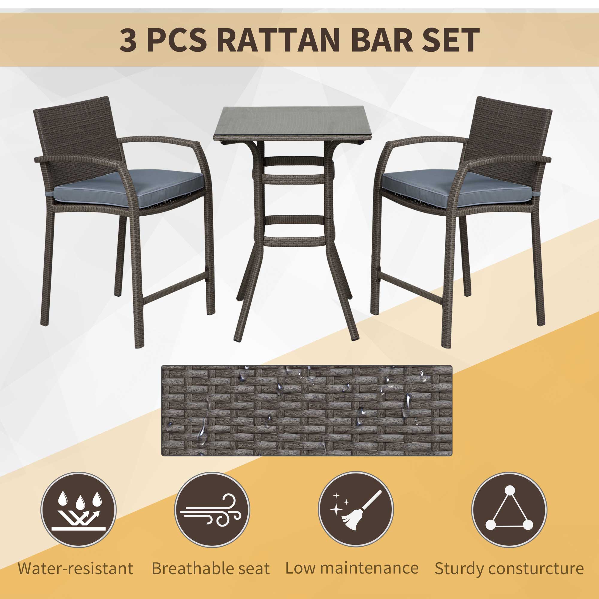 Outsunny 3 Pieces Patio Bar Set Wicker Garden Bistro Set Outdoor Furniture PE Rattan Table and Stools with Seat Cushion, Grey 