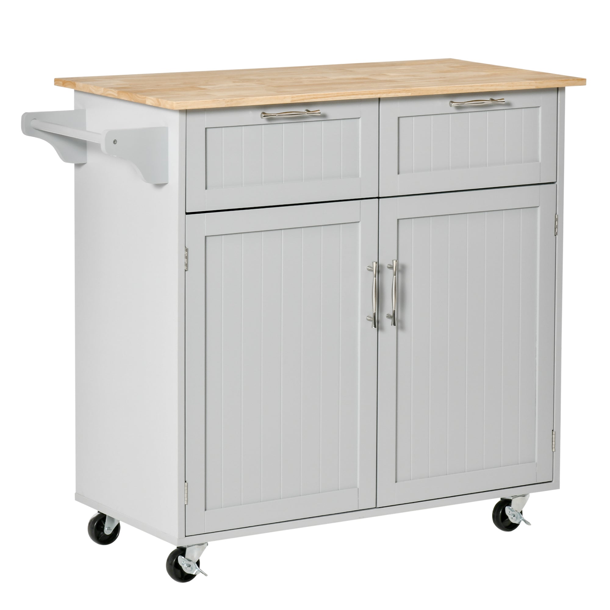 HOMCOM Grey Mobile Kitchen Island: Rubber Wood Top Cart with Storage Drawers, Cabinet & Towel Rack 