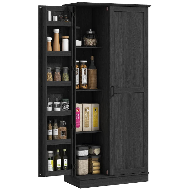 70" Tall Kitchen Pantry Cabinet with Door Shelves and Adjustable Shelves, Black Wood Grain