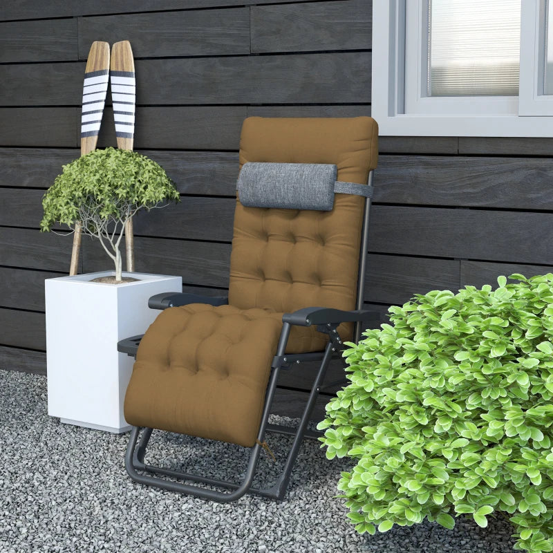 Padded Folding Recliner Chair, Patio Lounger with Cupholder, Adjustable Backrest, Removable Cushion, Light Khaki