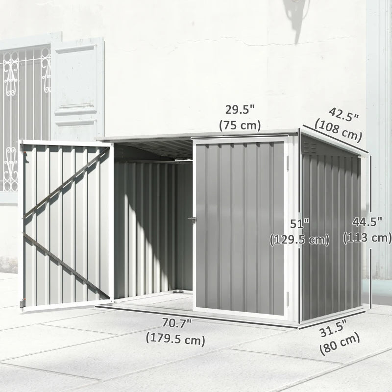 Outdoor Metal Storage Shed Garden Garbage Can Organizer with Double Door and Vents for 2 Trash Cans, Light Grey