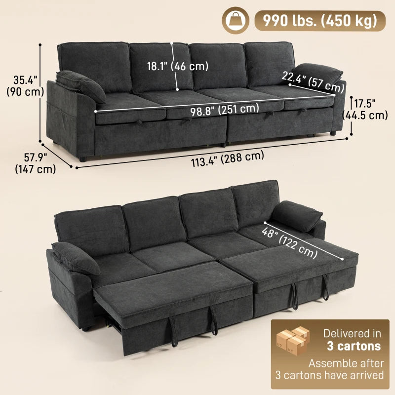 4-Seat Sectional Sofa Bed with Double Pull-Out Sleeper – Dark Grey Chenille