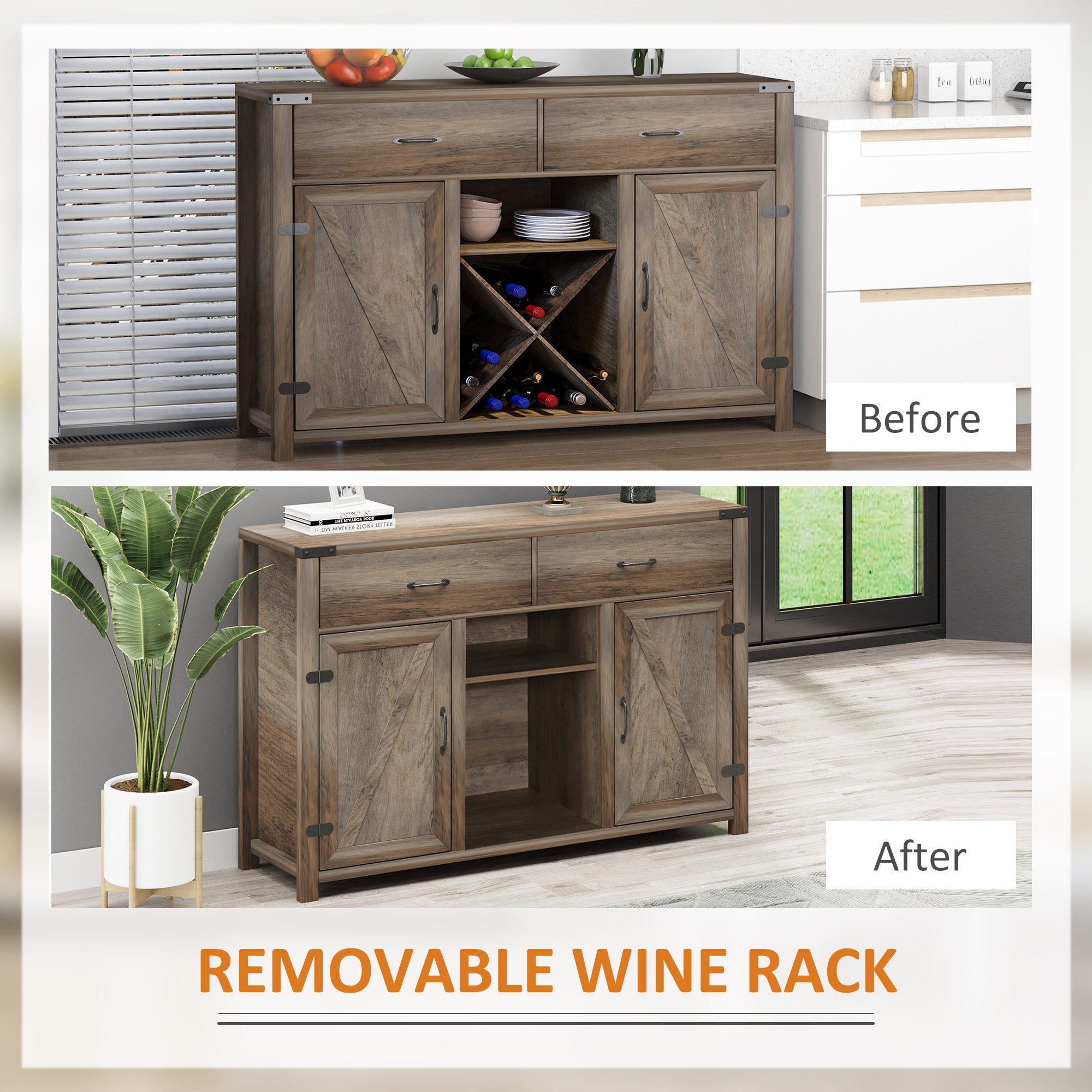 HOMCOM Farmhouse Wine Rack Storage Cabinet: Bar Cabinet, Sideboards and Buffets with Doors and Drawer for Dining Room 