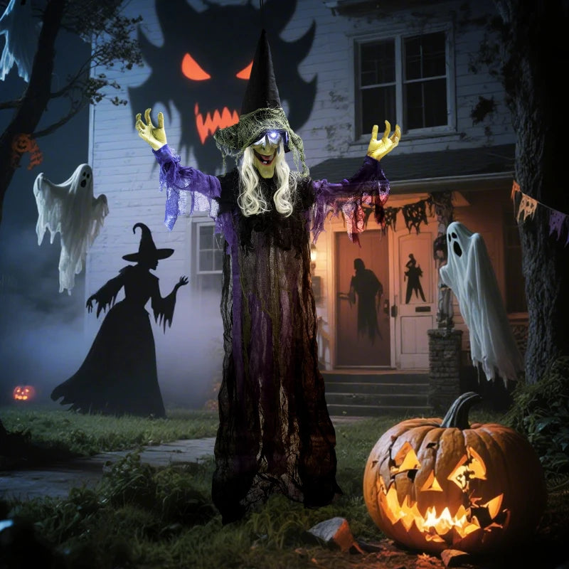 Outsunny Life-Size Animated Hanging Witch – Glowing LED Eyes, Battery Operated Halloween Decoration 
