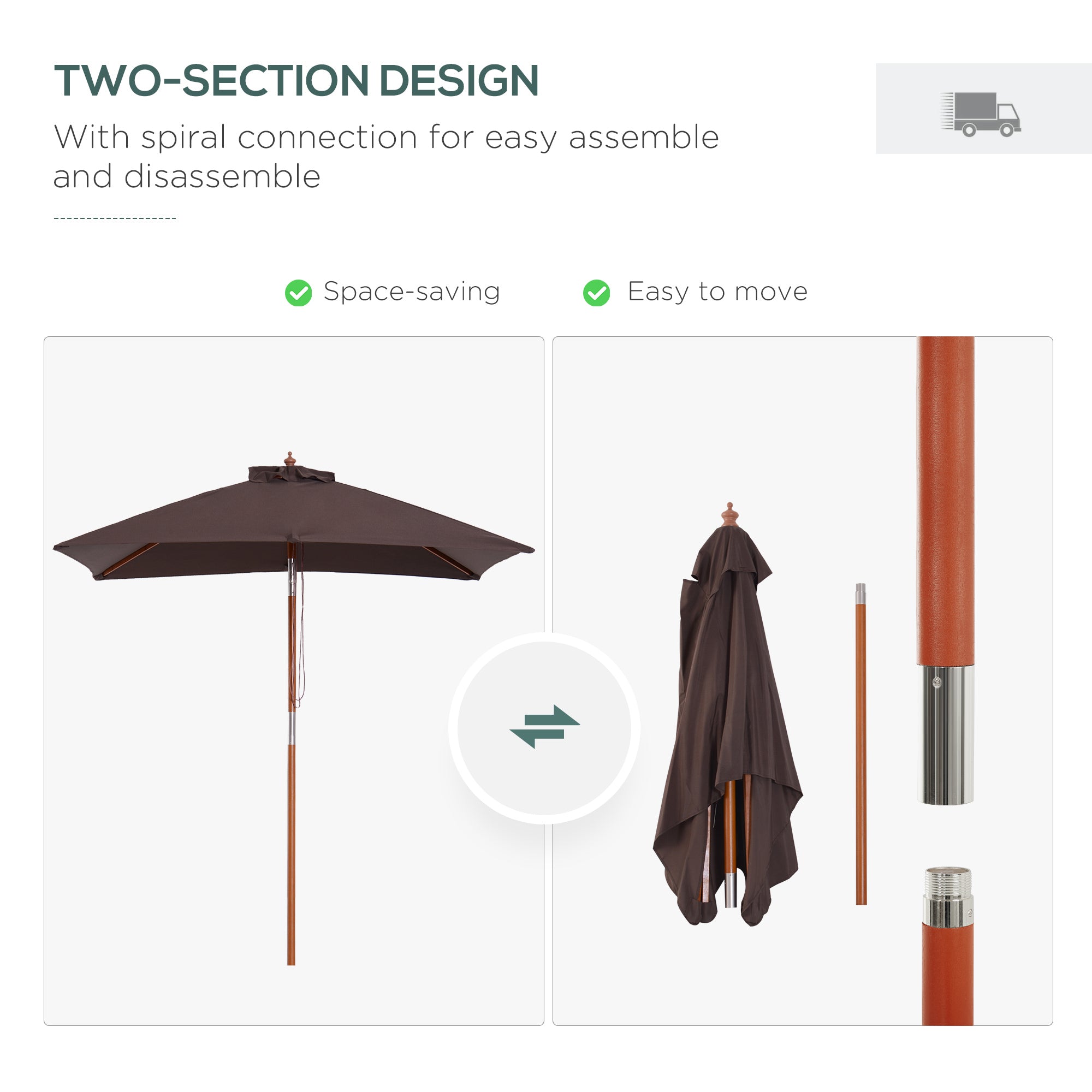 Outsunny 6.6x5ft Square Market Parasol, Wooden Patio Umbrella with Tilt Mechanism and 6 Bamboo Ribs, Garden Sunshade, Coffee 