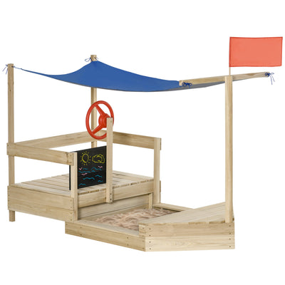 Outsunny Wooden Sandbox for Kids Outdoor Sand Boat with Cover Foldable Play Station Natural Wood Finish 