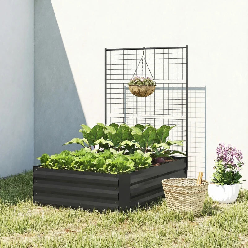 Galvanized Raised Garden Bed with Trellis for Climbing Plants, Outdoor Planter Box with Open Bottom, Black