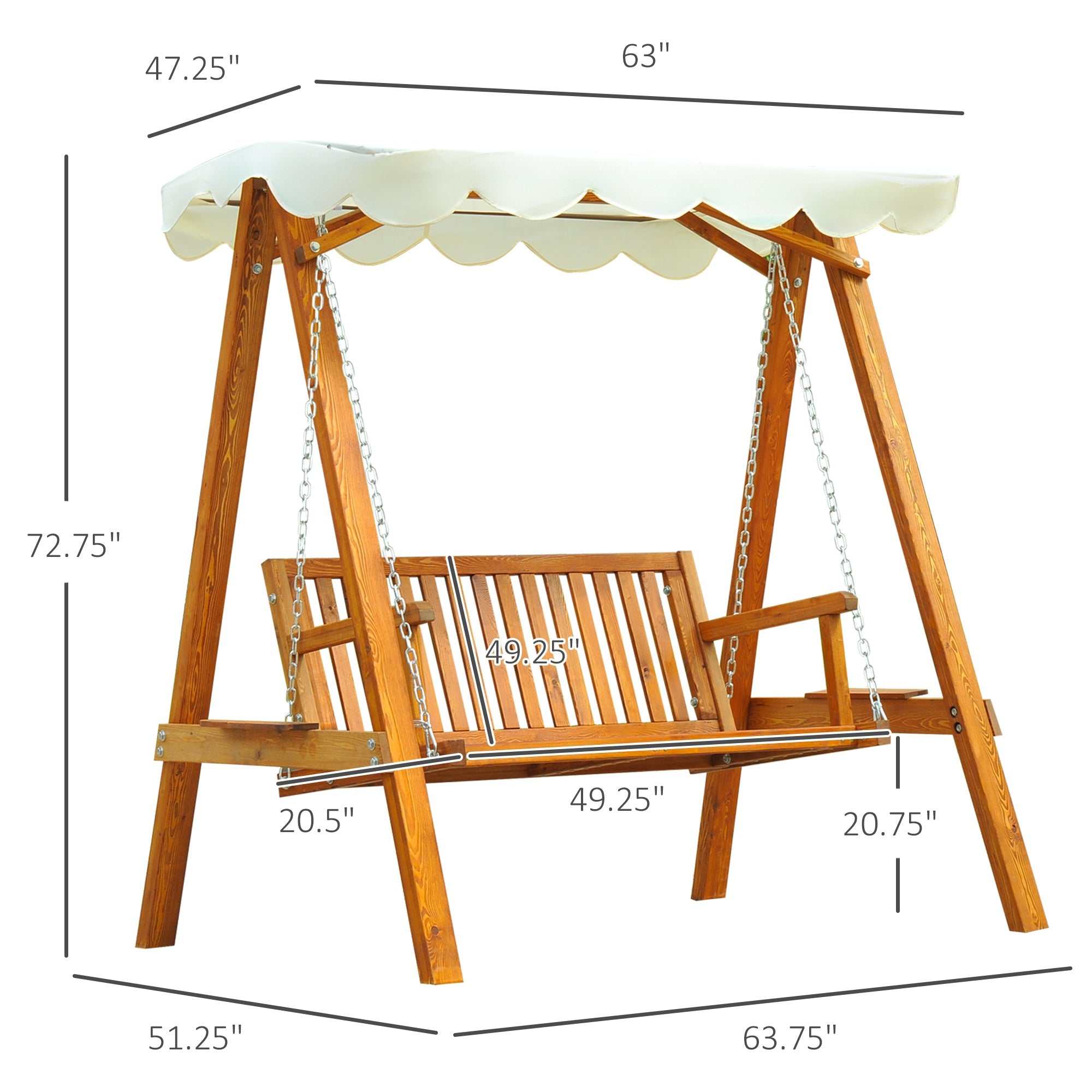 Outsunny 65" Patio Swing Chair with Canopy Outdoor Wooden Swing Bench Hammock for Garden, Poolside, Backyard 