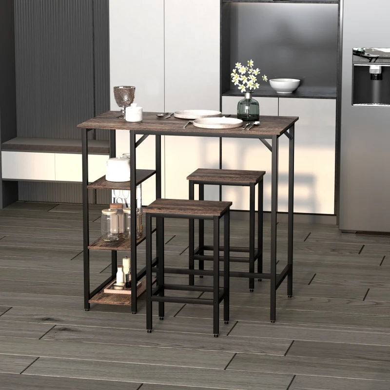 Industrial Dining Table Set for 2, Bar Table and Stools Set, Counter Height Kitchen Table with Chairs with Storage Shelf, Rustic Brown