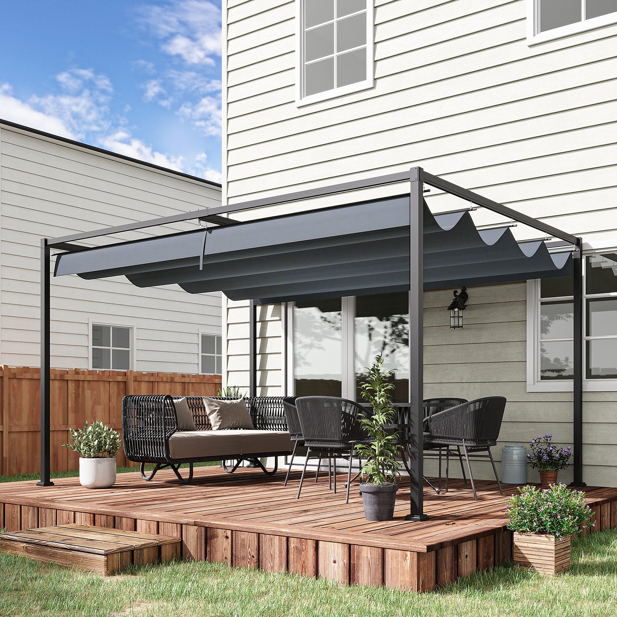 Outsunny 13' x 10' Patio Pergola with Retractable Canopy, Outdoor Sun Shelter, Yard Shade, Dark Grey 