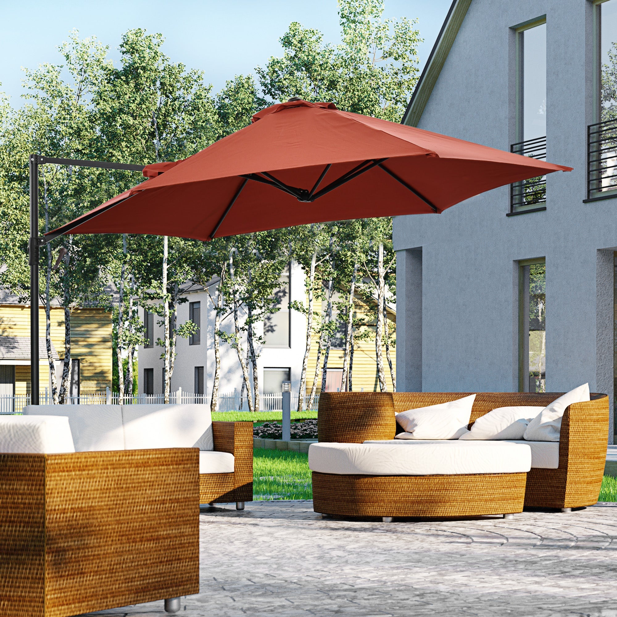 Outsunny Offset Patio Umbrella 8.5FT with 360° Rotation Hanging Sun Shade Canopy Wine Red 