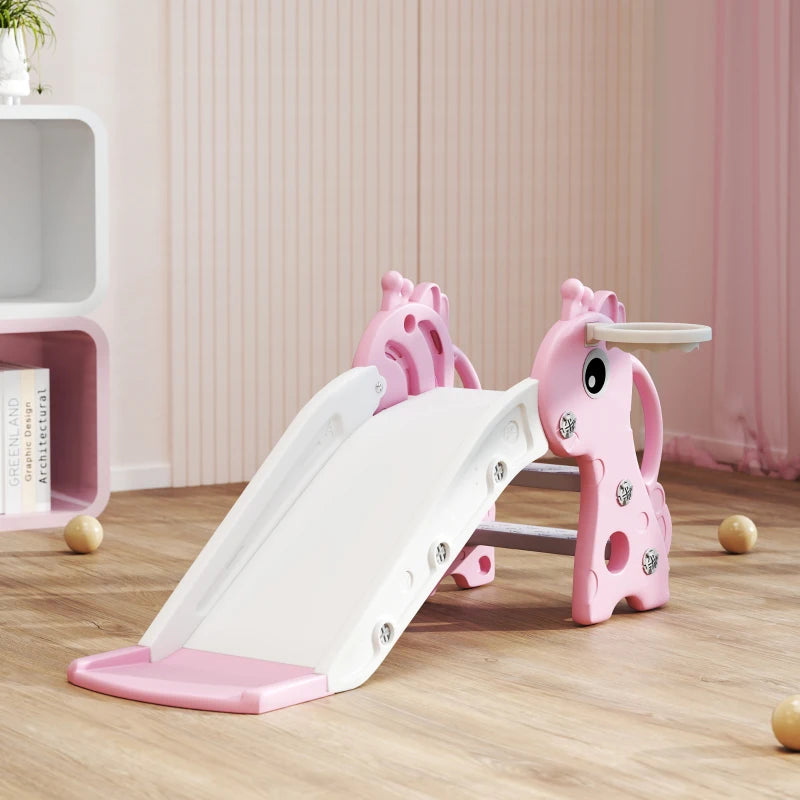 Qaba 3 in 1 Toddler Slide for Age 1-3, Kids Slide with Climber, Basketball Hoop and Ball, Giraffe Design, Pink