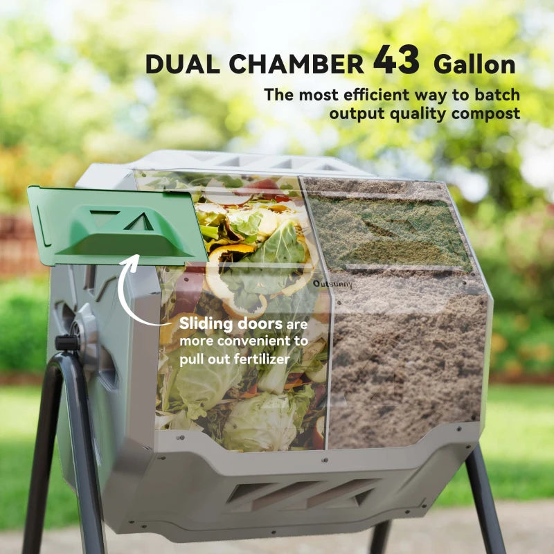 Tumbling Compost Bin Outdoor Dual Chamber 360° Rotating Composter 43 Gallon with Sliding Doors, Dark Green