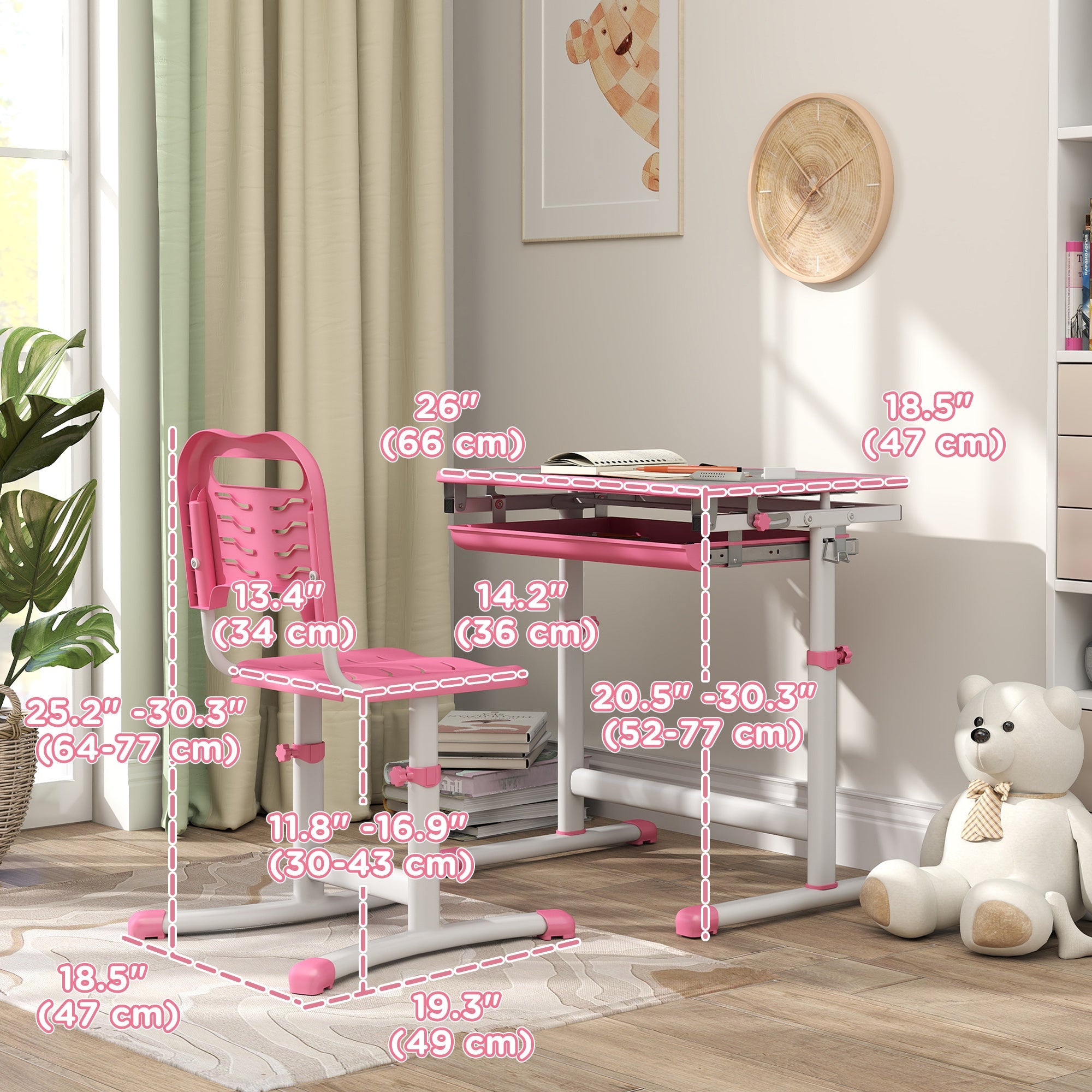 Qaba Height Adjustable Study Table and Chair Set with Drawer, Pen Slot, Tiltable Desktop, Hook, Pink 