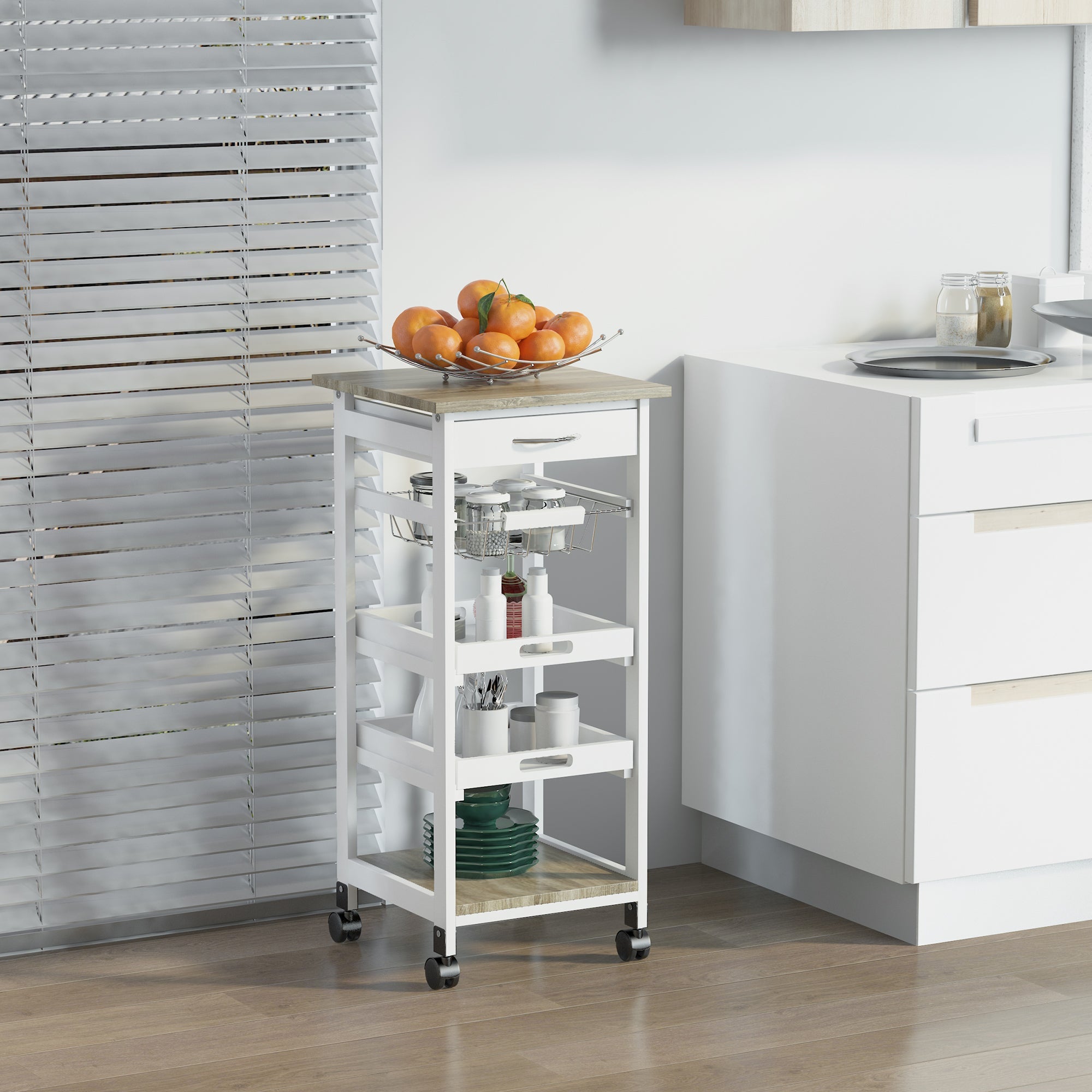 HOMCOM White Rolling Kitchen Cart: Mobile Utility Island with Storage Drawer, Wire Basket & Tray Versatility 