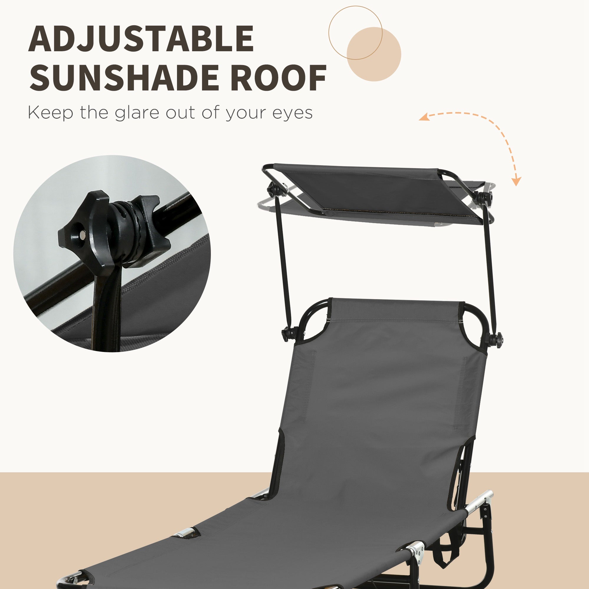 Outsunny 2 Piece Folding Outdoor Chaise Lounges, Pool Tanning Chairs with Reclining Back, Sunshade for Beach, Patio, Dark Grey 